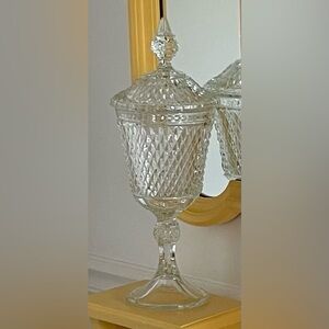 Vintage 15" Indiana Glass Clear "Diamond Point" Covered Apothecary Jar